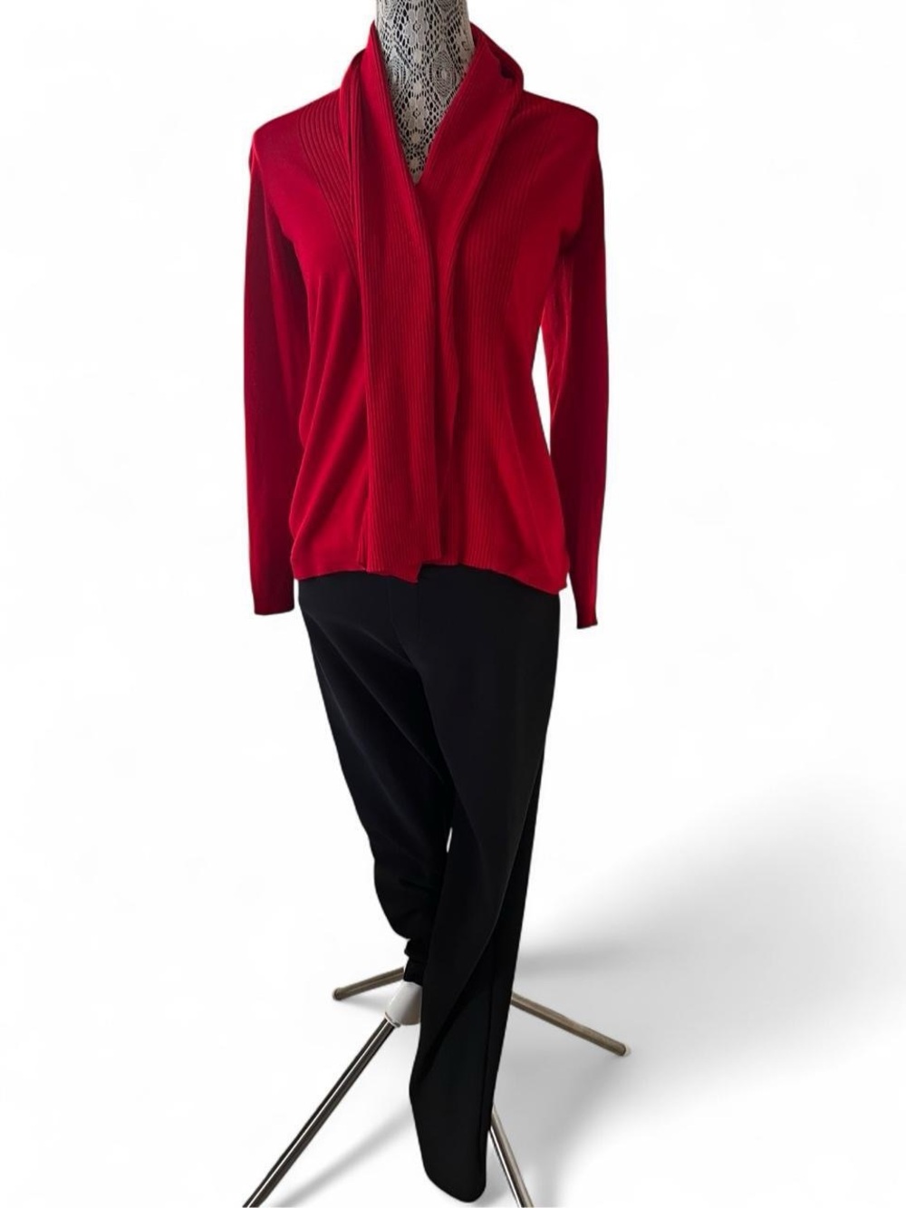 Red Open-Front Ribbed Shawl Collar Cardigan Sweater